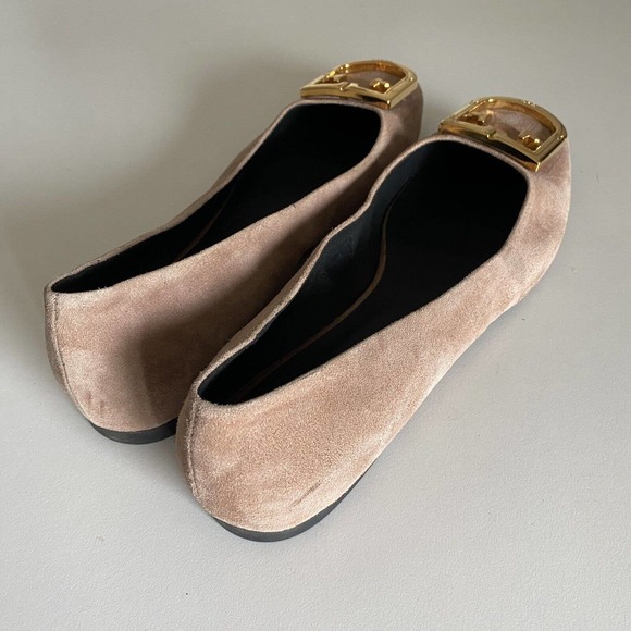 Furla Fantastica Ballet Flat Suede Gold Tone Logo Blush Pink Slip On 37 … - Picture 9 of 10